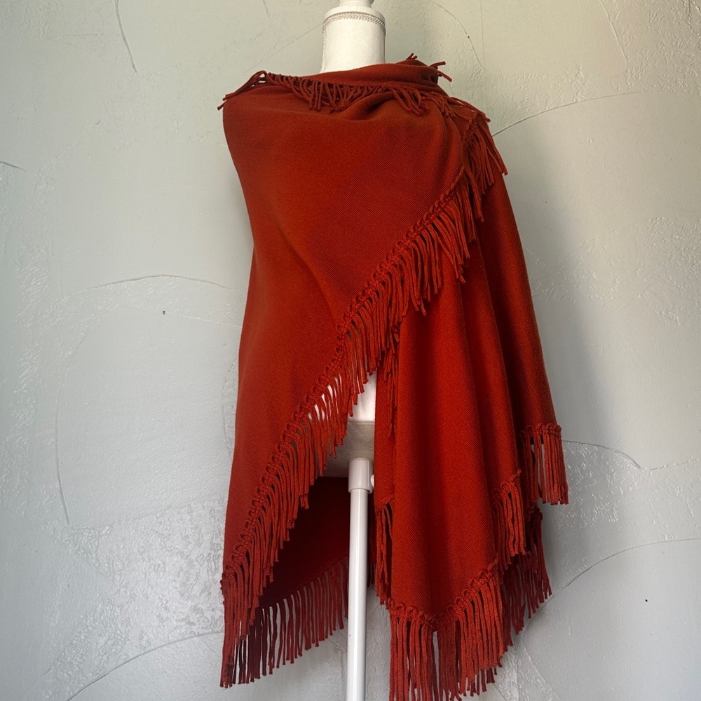 Boho Fringed Open-Front Shawl Wrap – Rust Orange - Picture 4 of 9